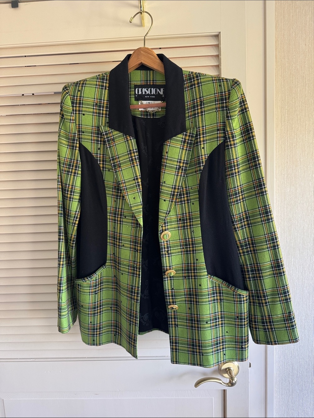 Green Plaid Blazer with Black Contrast Panels
